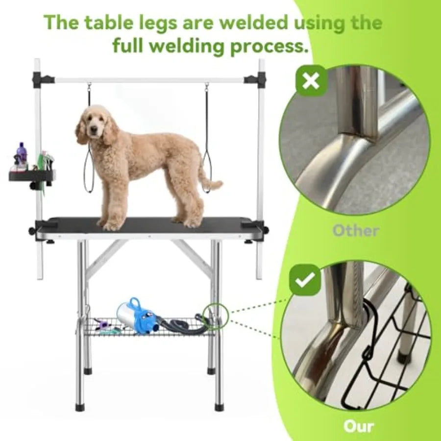 36" Stainless Steel Dog Grooming Table Foldable Pet Grooming Stand with Adjustable Arm 2 Nooses 2 Storage Baskets Anti-Slip