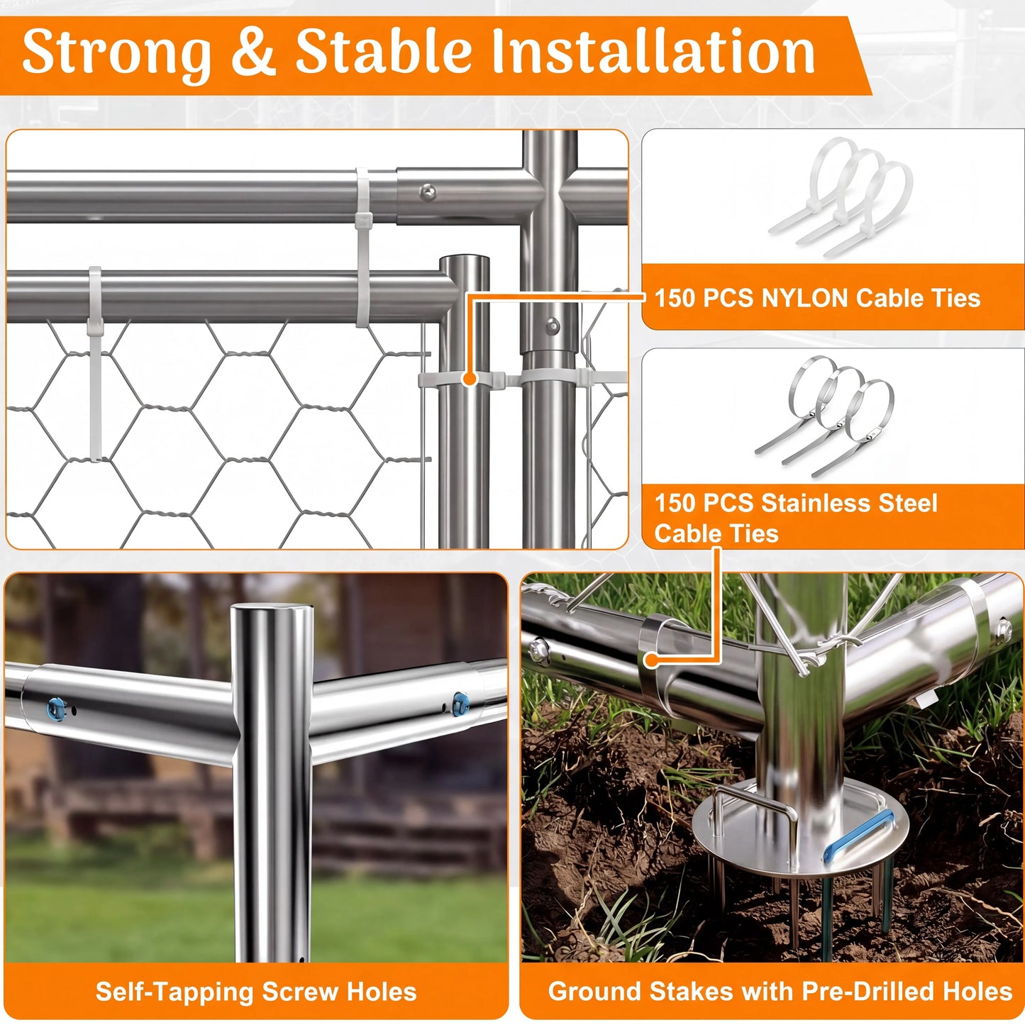 Dual-Openning Door Designed Heavy Duty Large Outdoor Dog Kennel with 200D Waterproof UV-Resistant Roof and 360° Rotate Dog Bowls