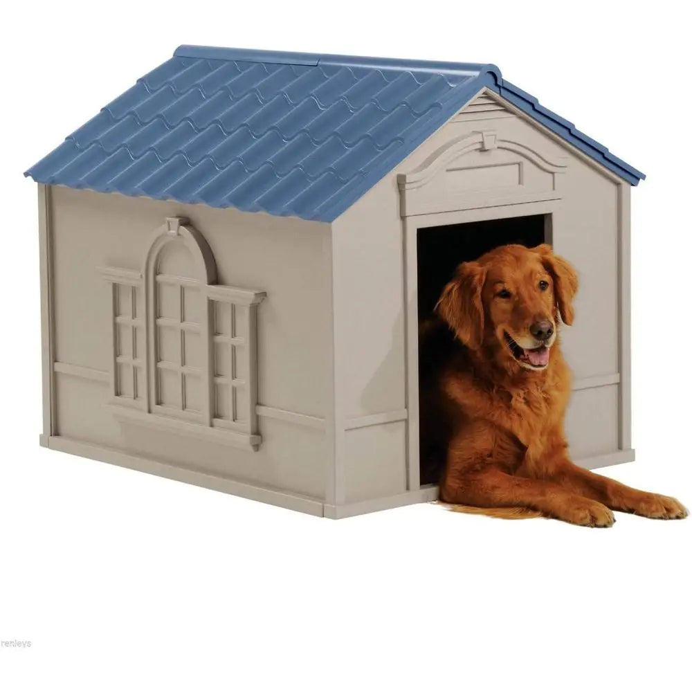 Luxury Dog House for Large Dogs with Removable Roof, Ventilation, Raised Floor, and Custom Labels, Taupe/Blue