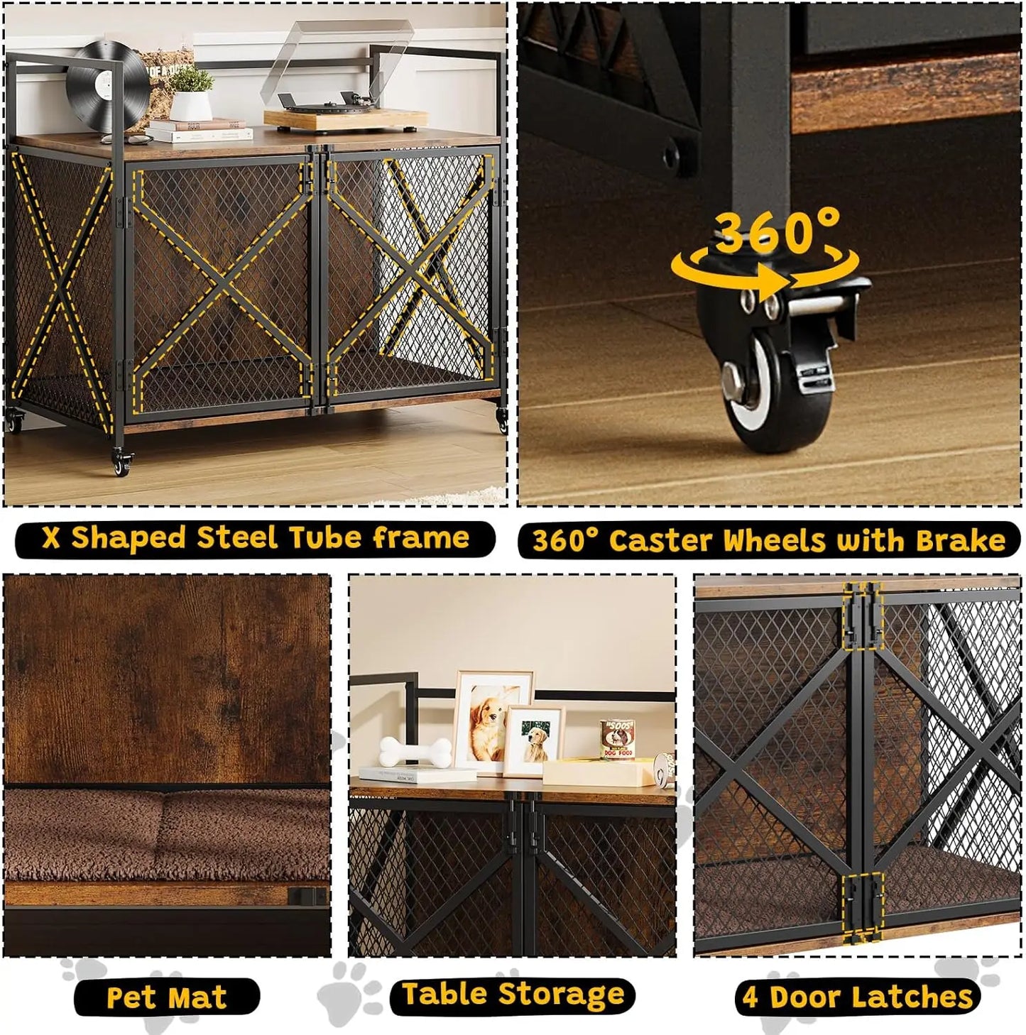 Heavy Duty Dog Cage with Lockable 360° Wheels Double Door Dog Kennel End Table for Small Medium & Large Dogs Crate Furniture