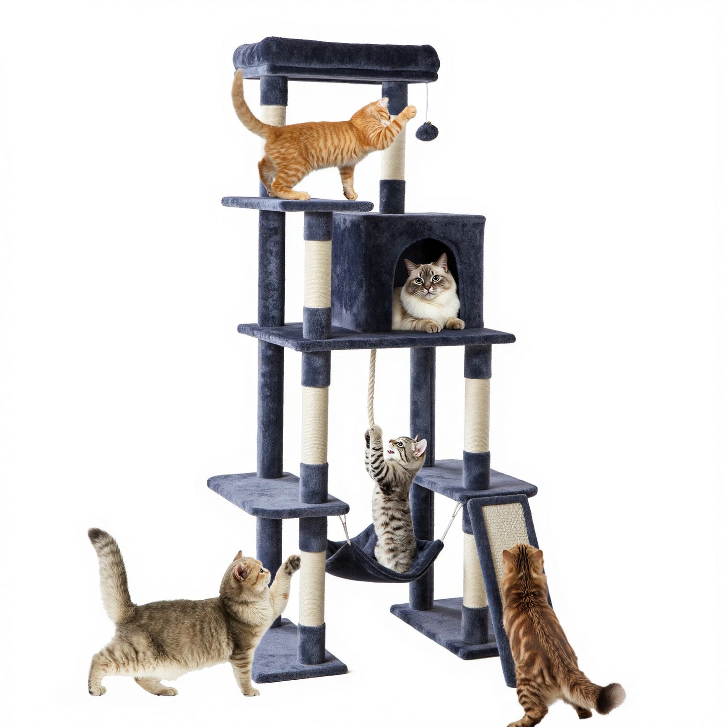 63 In Cat Tree Tall Multi-Cat Climbing Tower for Pet Furniture Natural Sisal Scratching Posts, Stable Pet House for Indoor Cat