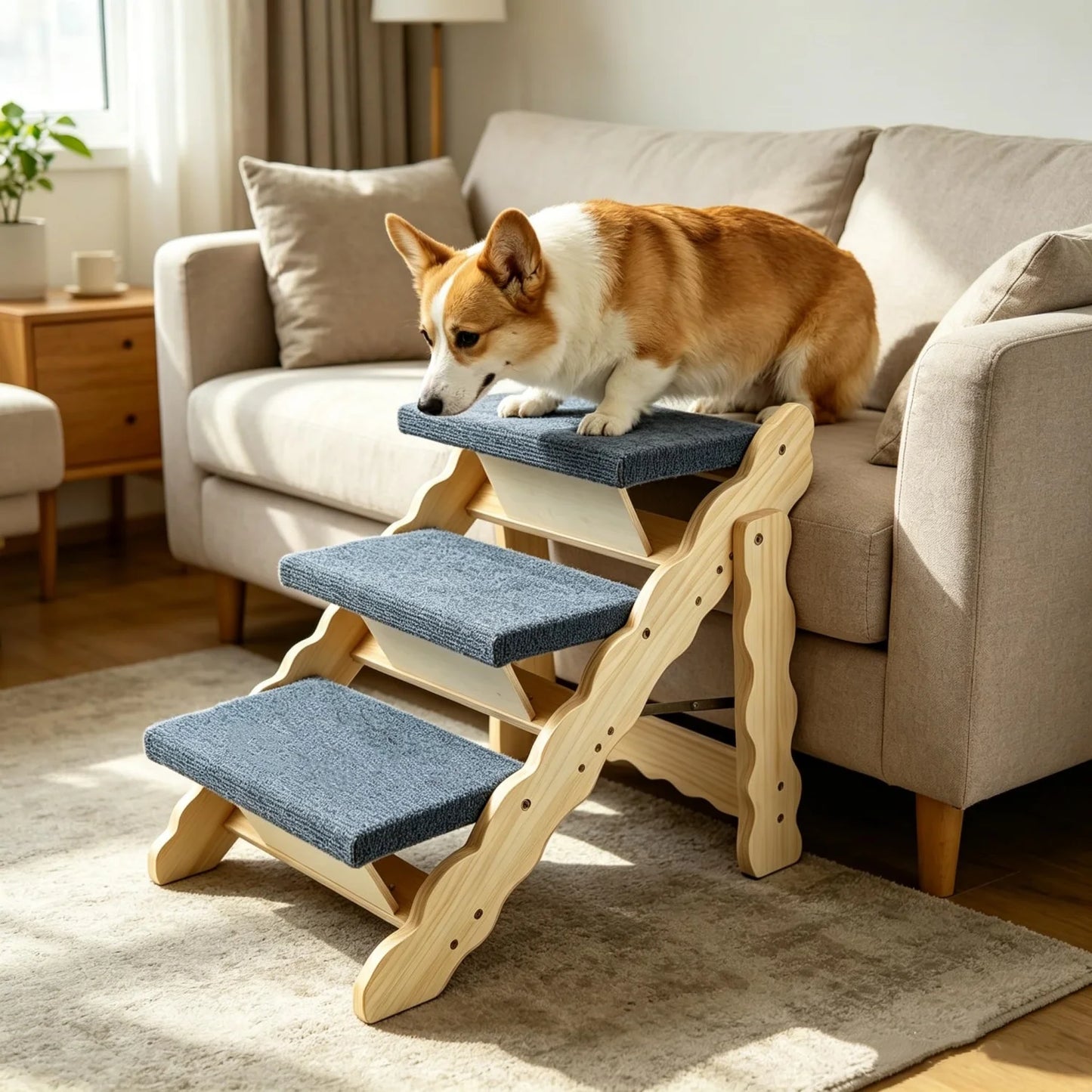 2-in-1 Collapsible Wooden Dog Stairs and Ramp for Bed, Couch, or Car – 3-Step /4-Step Anti-Slip Pet Ladder, Stable Indoor Dog Furniture, Supports Small to Large Dogs Up to 150 lbs