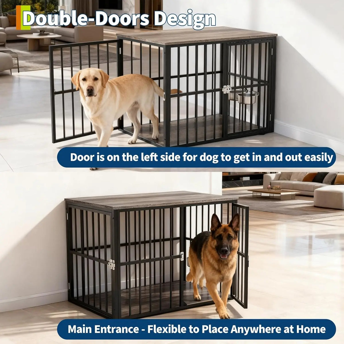 43 Inch Dog Crate Furniture Wooden Dog Kennel End Table Side Table Nightstand for Large Medium Dogs up to 90 Lbs Heavy-Duty Indoor Pet Cage with Lockable Double Doors Removable Tray Divider Panel for Living Room Bedroom Entry