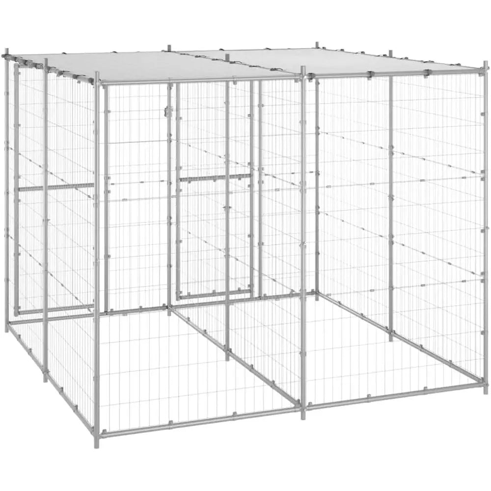 Sturdy Outdoor Metal Dog Crate, Lockable Kennel with Roof, Silver, 86.6L x 86.6W x 70.9H