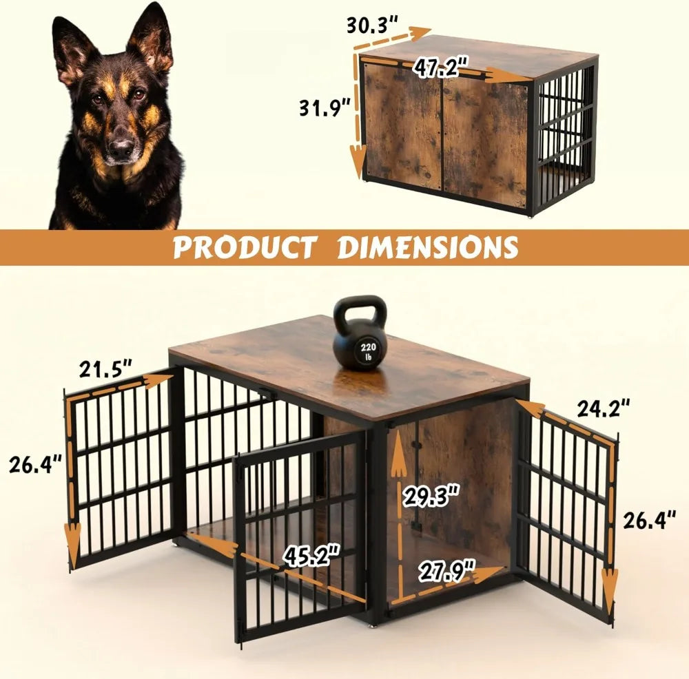 48" Heavy Duty Wooden Dog Crate Furniture for Extra Large Dogs, XXL Kennel with Side Door, Pet End Table, Black & Brown