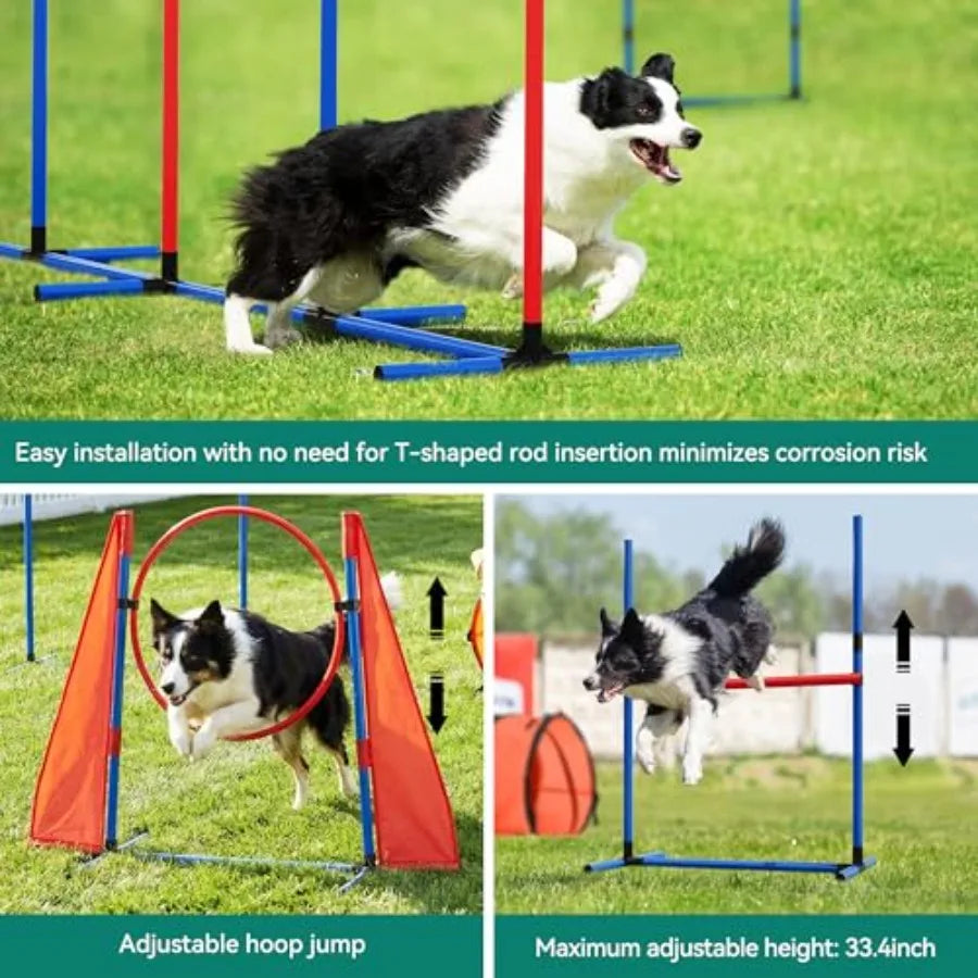 Dog Agility Training Equipment Set with Flexible Tunnel, Hurdle, Jump Ring, 6 Weave Poles, Pause Platform, Teaser Pole, and Carry Bag