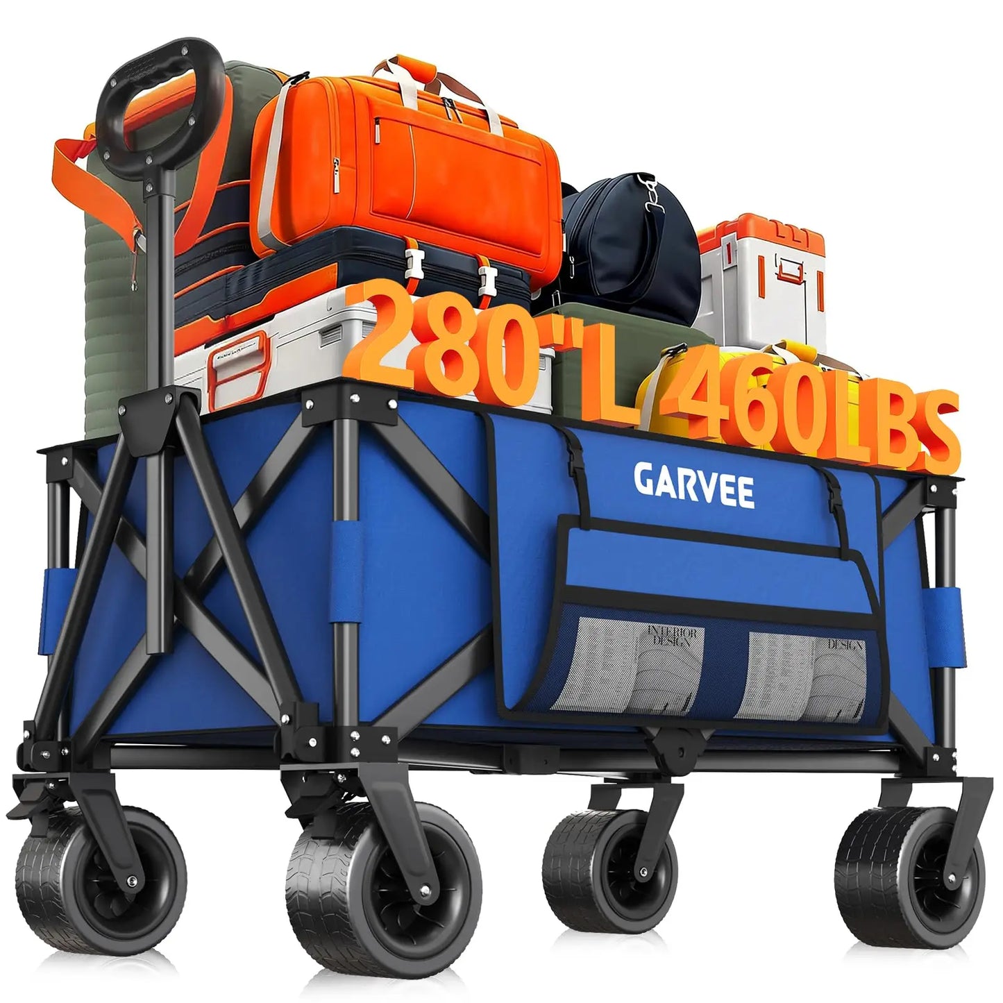 Heavy Duty Foldable Wagon Cart 460 lbs 280L With Wide All-Terrain Wheels, Brakes, Cover & Strap For Shopping Camping