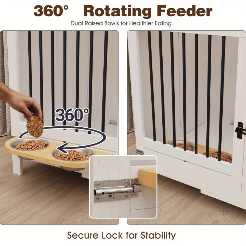 39'' Foldable Wooden Dog Crate Furniture – Indoor Dog Kennel for Large Dogs with 360° Rotating Feeder, White