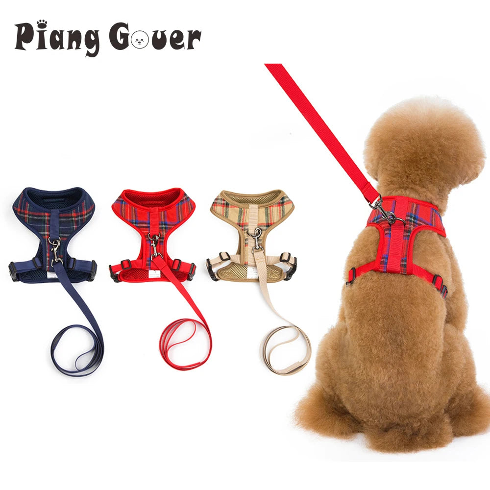 Plaid Pet Harness Leash Set for Small Dogs Adjustable Puppy Cat Harness Vest French Bulldog Chihuahua Pug Outdoor Collar