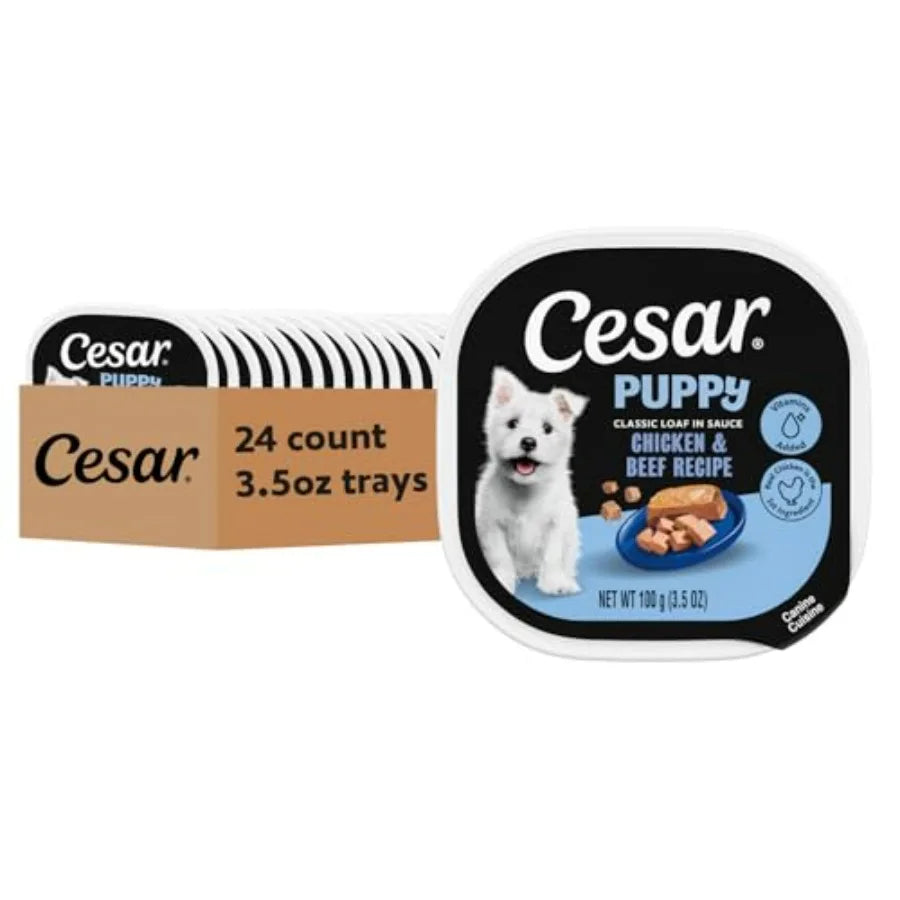 Puppy Classic Loaf in Sauce Wet Dog Food, Recipe, 3.5 oz. Easy Peel Trays, Dog Food Toppers
