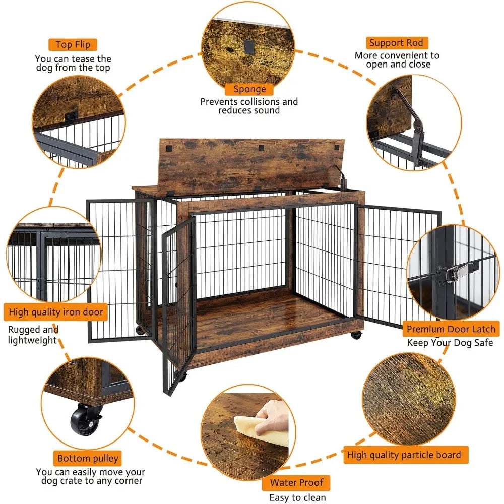 Wooden Dog Crate Furniture with 43.7" Kennel, 3-Door Access, Flip-Up Top, and Wheels for Decorative Pet Housing
