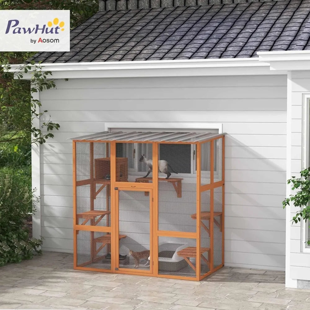 Catio Outdoor Cat Enclosure Window Box, Wooden Cat House Playground with Scratching Posts, Weather Protection Roof