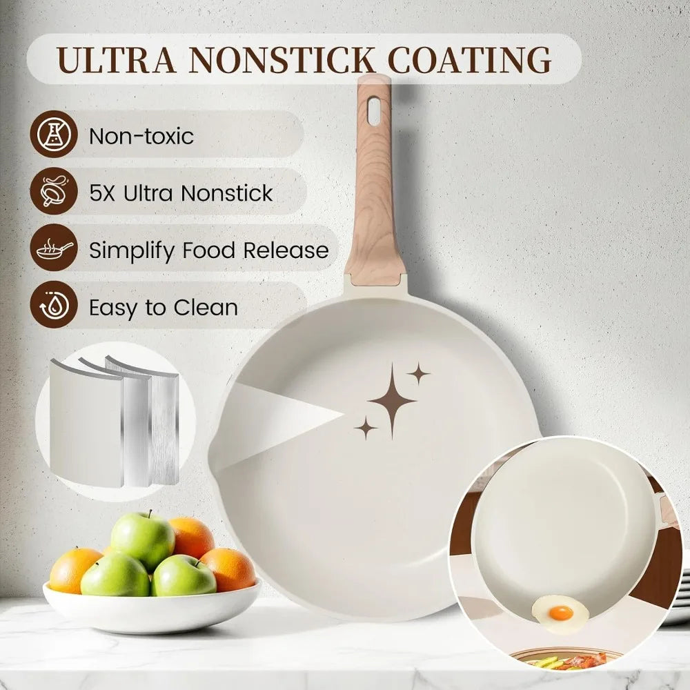 16Pcs Ceramic Nonstick Pots and Pans Set, Includes 9.5" Grill Pan, Induction Compatible, PTFE & PFOA Free, White Stackable Cookware for RV Camping
