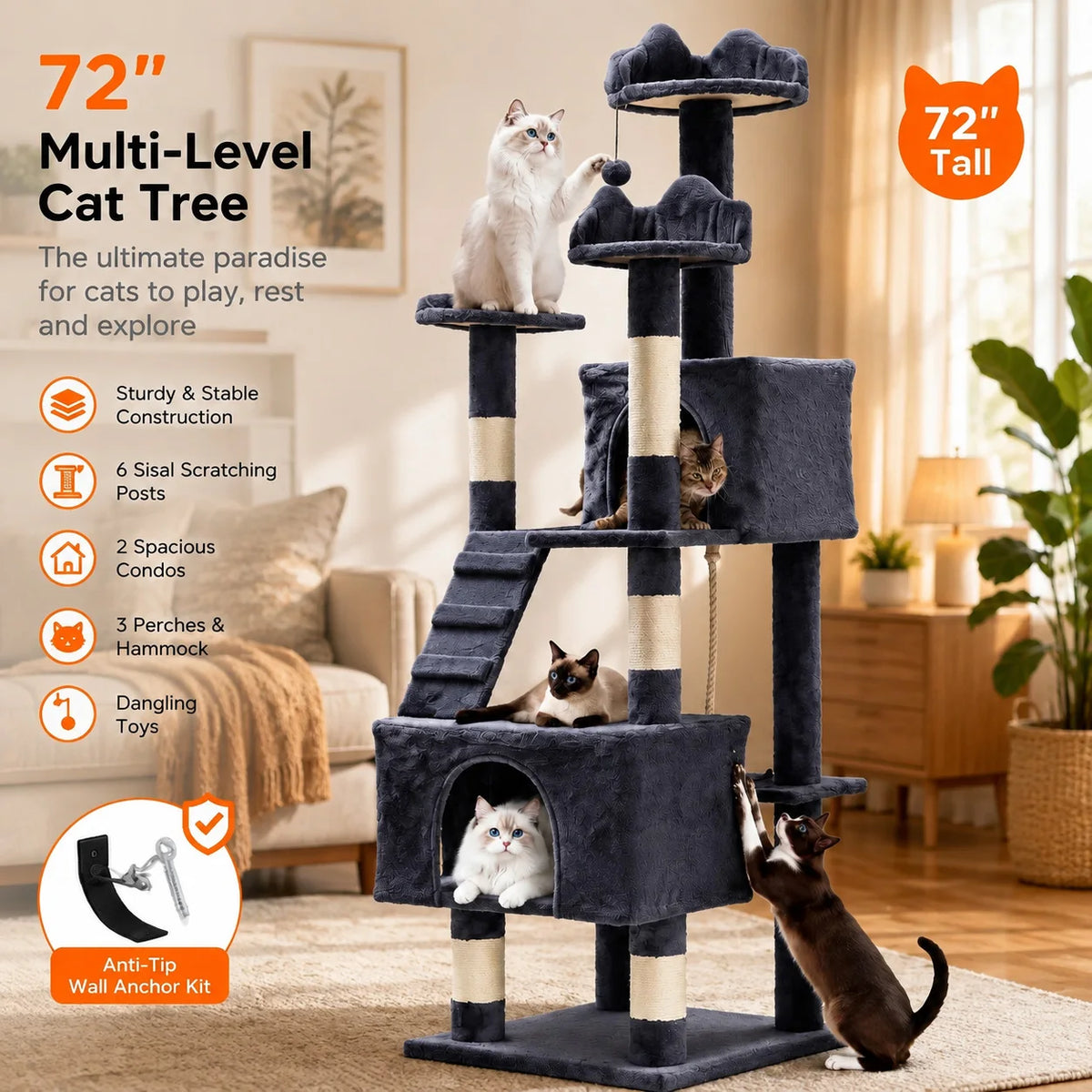 72-Inch Large Cat Tree Tower with Scratching Posts, Multi-Level Cat Condo Furniture with Perches, Hammock & Toys, Stable Indoor Activity Center for Cats