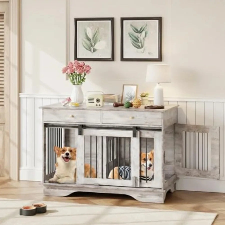 47 Inch Dog Crate Furniture with 2 Drawers, Wooden End Table Indoor Dog House with Divider for Large, Medium, and Small Dogs, Multi-Function