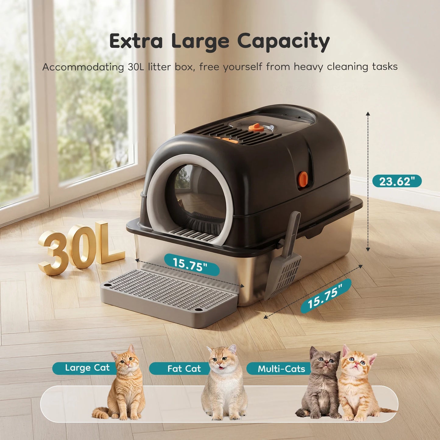 24 Inch Stainless Steel Cat Litter Box with Fully Enclosed 30L Large Cat Litter Box for Big Cats, Cat Box Scoop and Mat Included