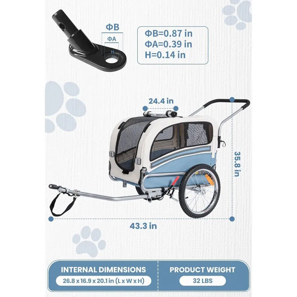 2-in-1 Pet Bicycle Trailer with a 6" Stroller Wheel, Suitable for Small and Medium Dogs, Carrier Up to 66/88 LBS, Easy Folding Cart