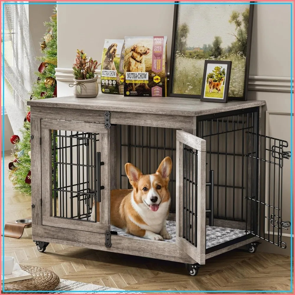 32'' Dog Crate Furniture for Medium Dogs, Indoor Kennel with Cushion & Wheels, Wooden End Table, Grey