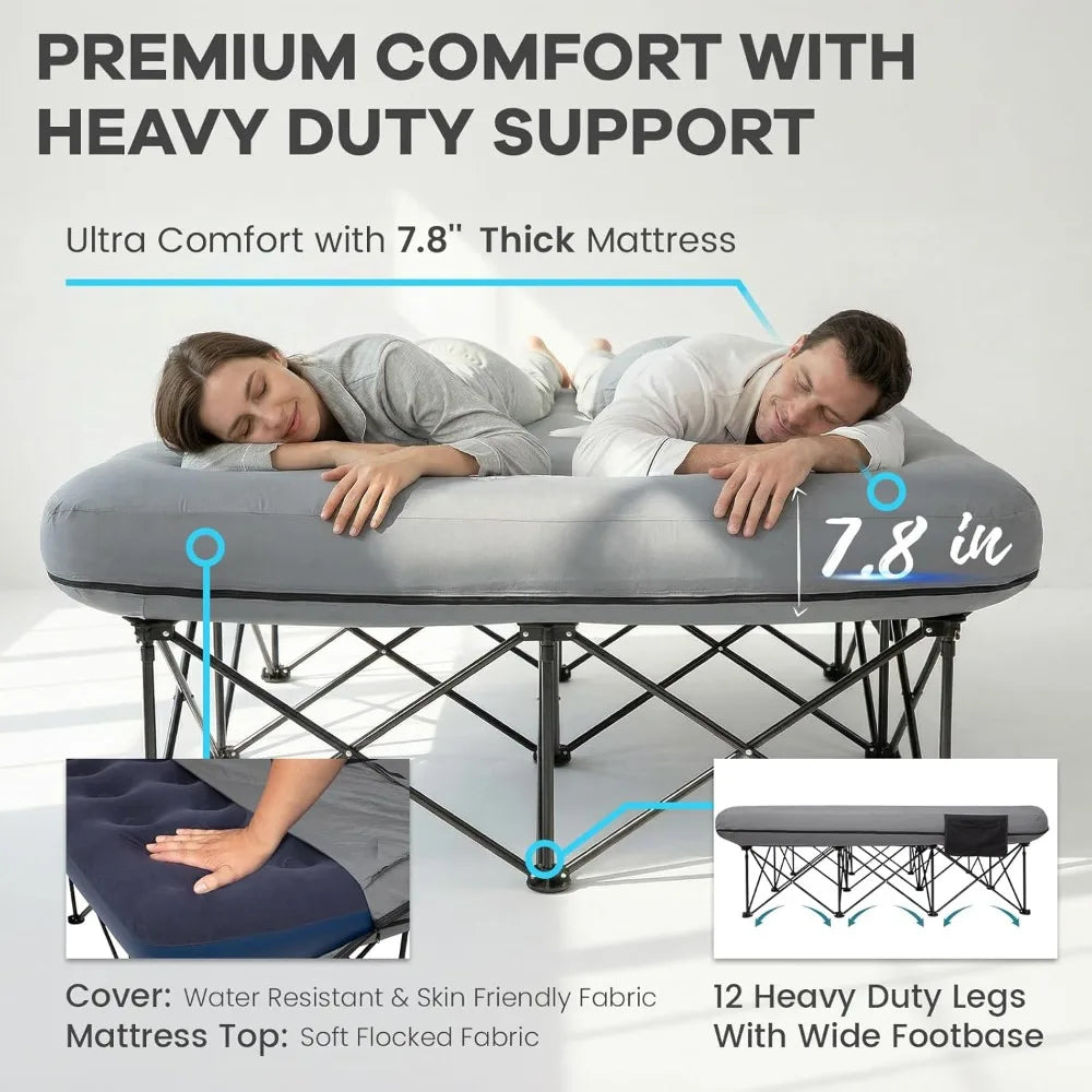 Queen Camping Cot With Electric Pump, Inflatable Air Mattress Bed, Folding Frame, Cup Holders, Carry Bag for Adults, 80x60