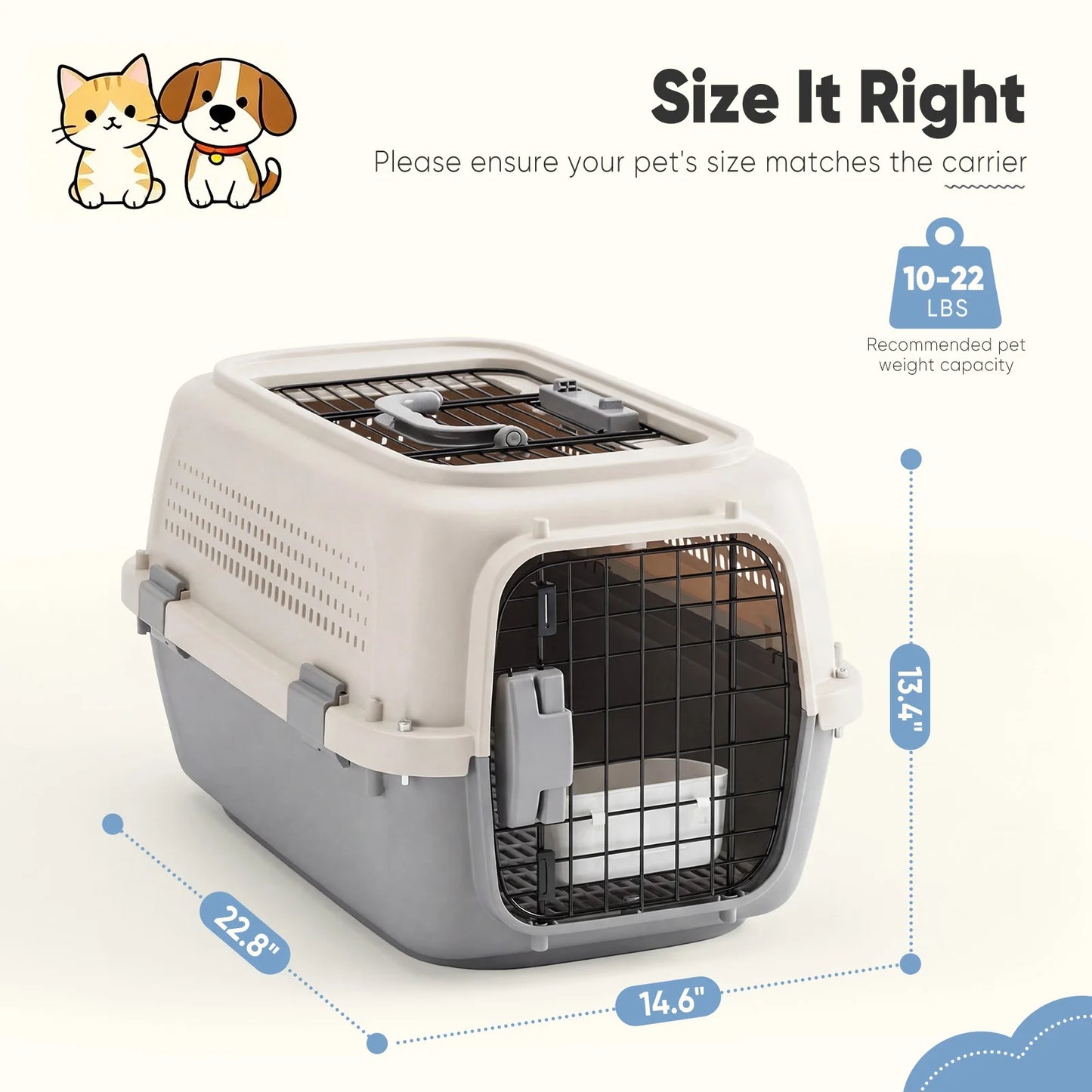 23 Inch Pet Carrier for Small Dogs, Cats, Front Top Load Wire Door Food Bowl Travel Crate with Enhanced Security Latches