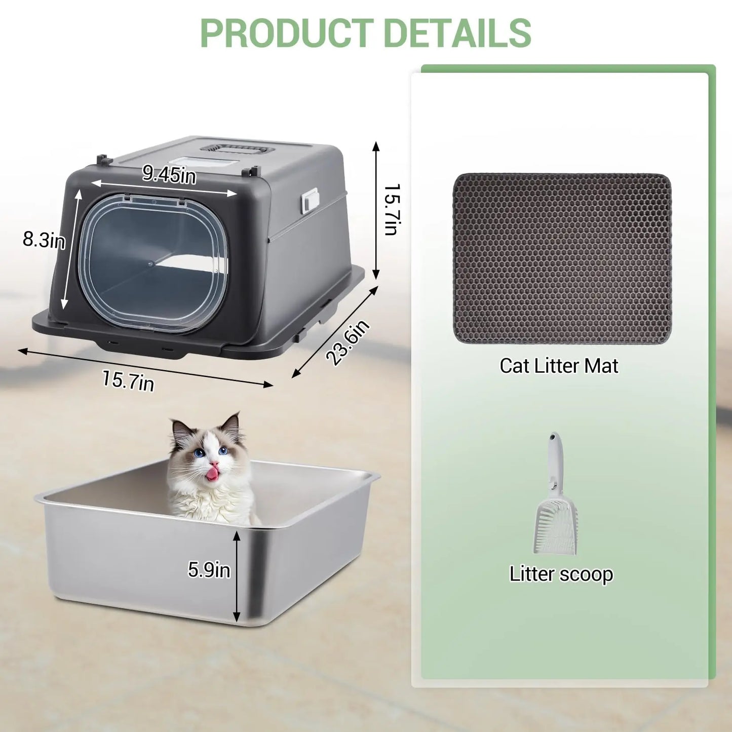 Stainless Steel Covered Cat Litter Box with Lid, Large Enclosed Metal Litter Box with Top Entry & Front Entry