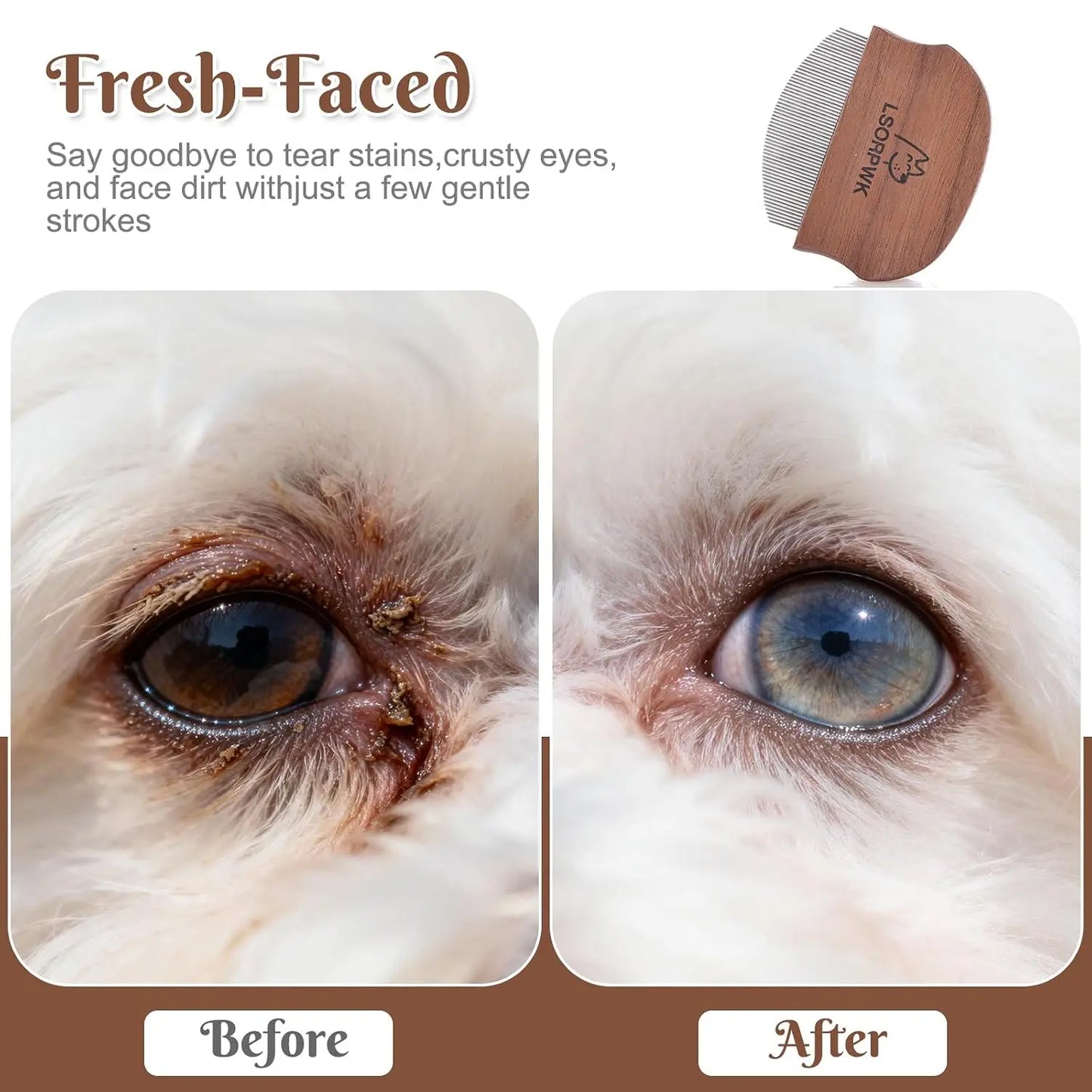 Wooden Eye Comb for Dogs & Cats, Gentle Tear Stain Remover, Rounded Tips, Flea Comb for Small Pets
