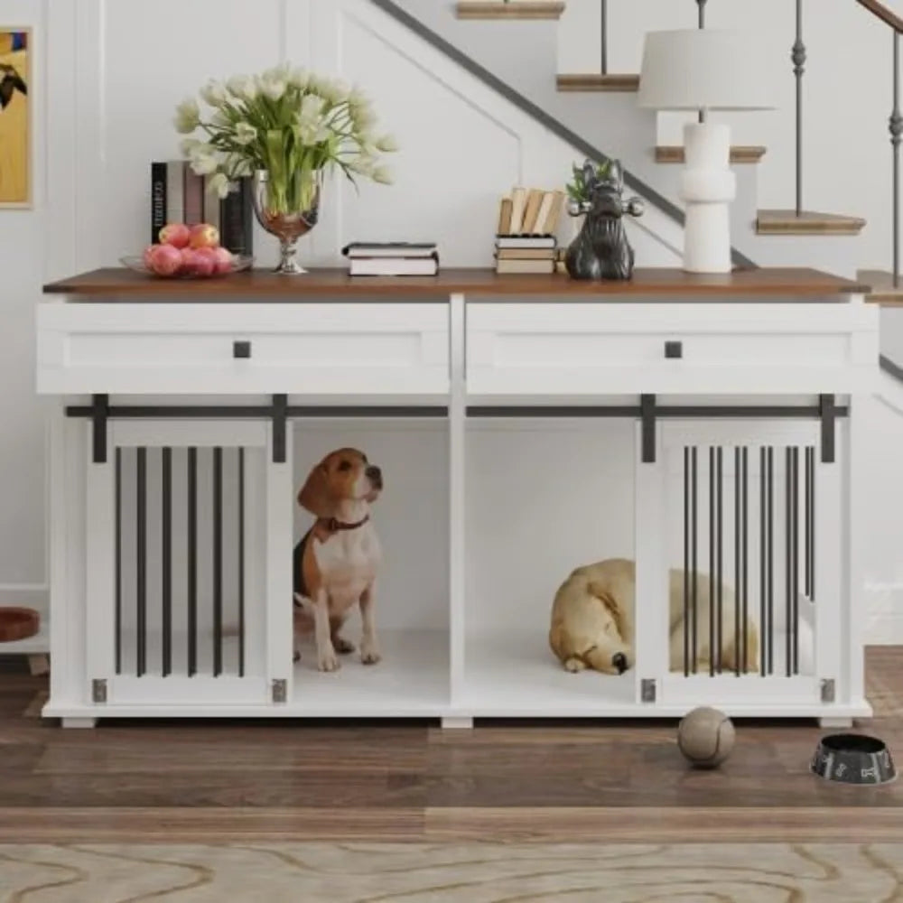 63'' Double Dog Crate Furniture for 2 Dogs, XXL Wooden 2 Dog Kennel, Wooden Dog Kennel with 2 Drawers, Divider and Sliding Door,