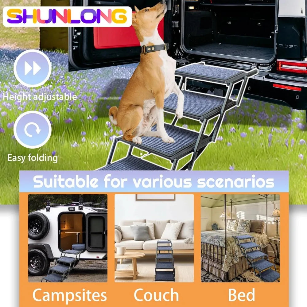 Dog Ramp for Car Truck, and SUV Dog Stairs for Large Dogs Folding Pet Stairs With Non-Slip Rug Surface Supports Up to 250 lbs