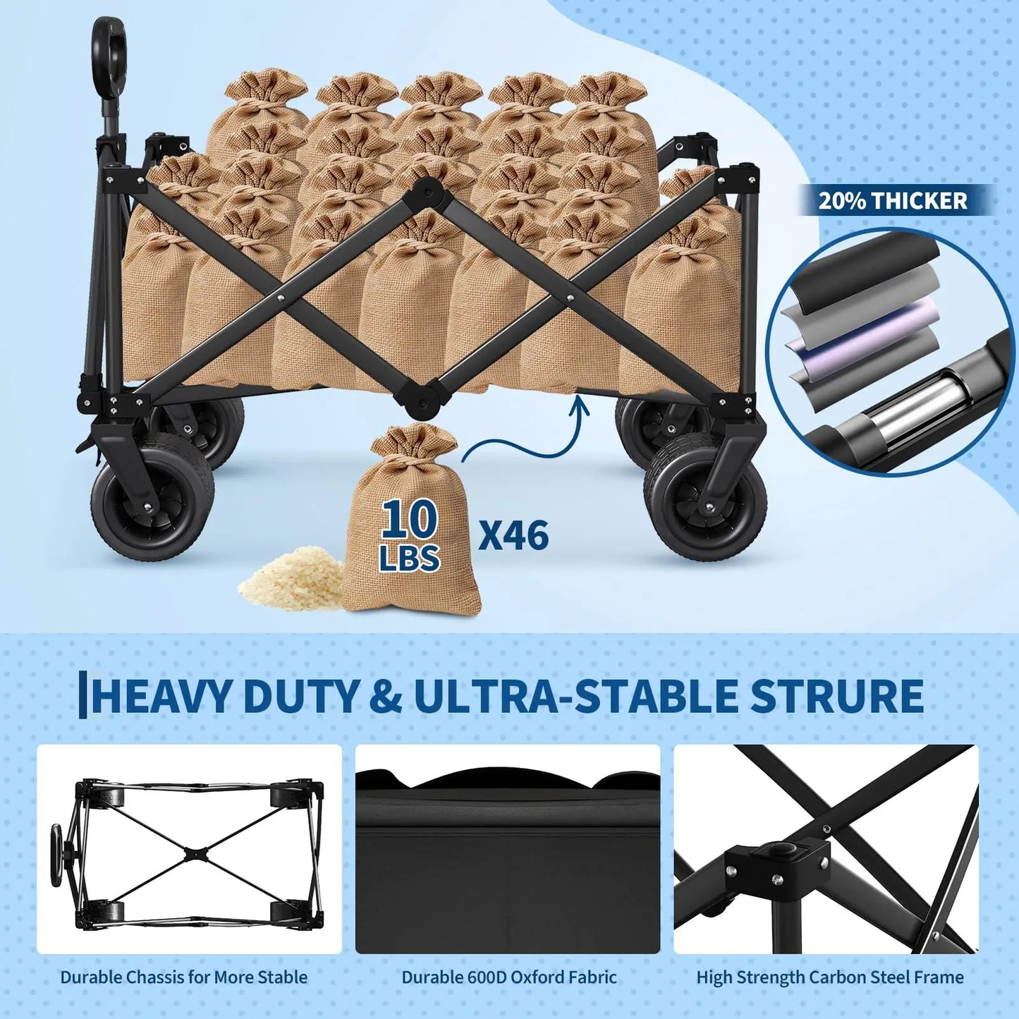 Heavy Duty Foldable Wagon Cart 460 lbs 280L With Wide All-Terrain Wheels, Brakes, Cover & Strap For Shopping Camping