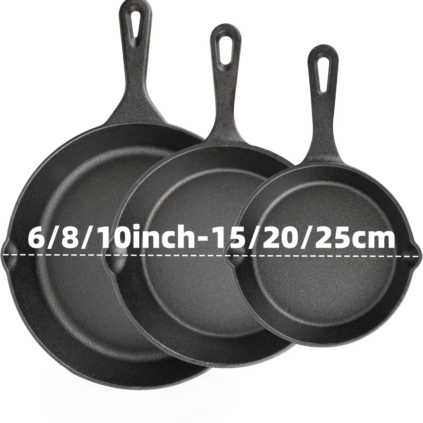 3 PCS Cast Iron Skillet Set (6/8/10 Inch)  Pre-Seasoned, Heavy-Duty Pans for Oven, Grill & Campfire, Even Heat, Non-Stick Surface