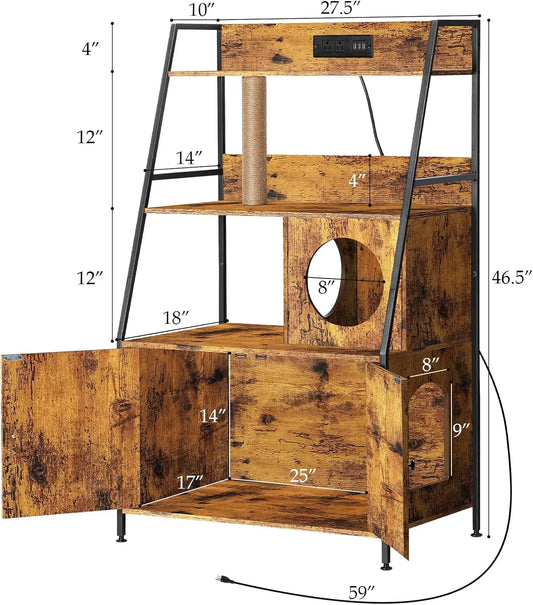 Cat Litter Box Enclosure with 2 Storage Shelves, Enclosure Furniture with Charging Station, Cat Washroom with Cat Tree Tower