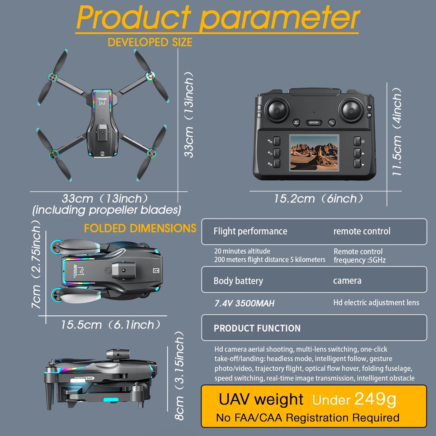 Head 3-Color Light M107 Drone, Hover 7-Color LED Gradient, One Click Takeoff and Landing, Headless Mode, One Click Roll, Take Photos and Videos, High-Definition Camera, Optical Flow Hover, Electrically Adjustable Camera