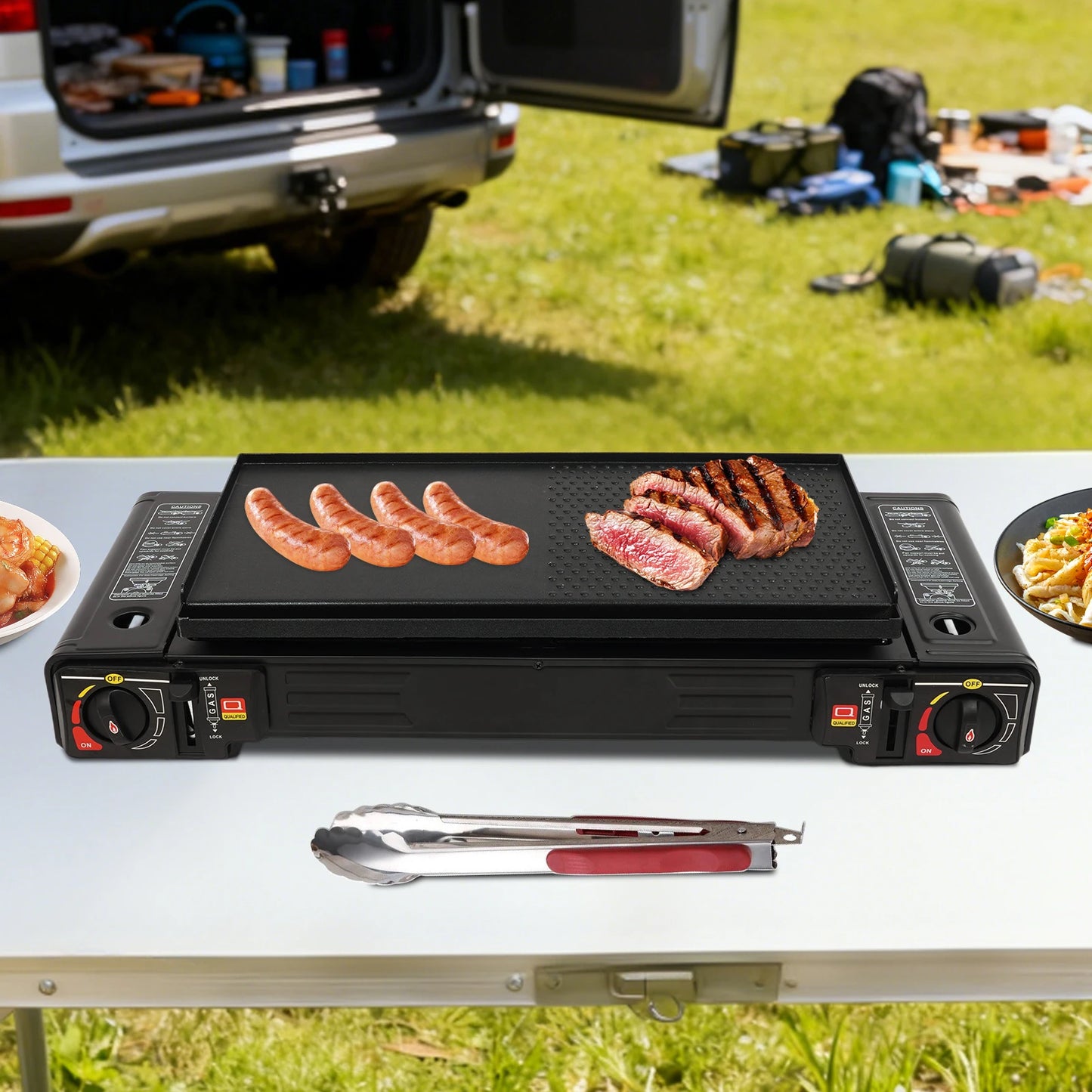 2 Burners Portable Camping Stove, Camping Stove with Baking Tray & Portable Case, 2500W Gas Stove 64cm*29cm*12cm
