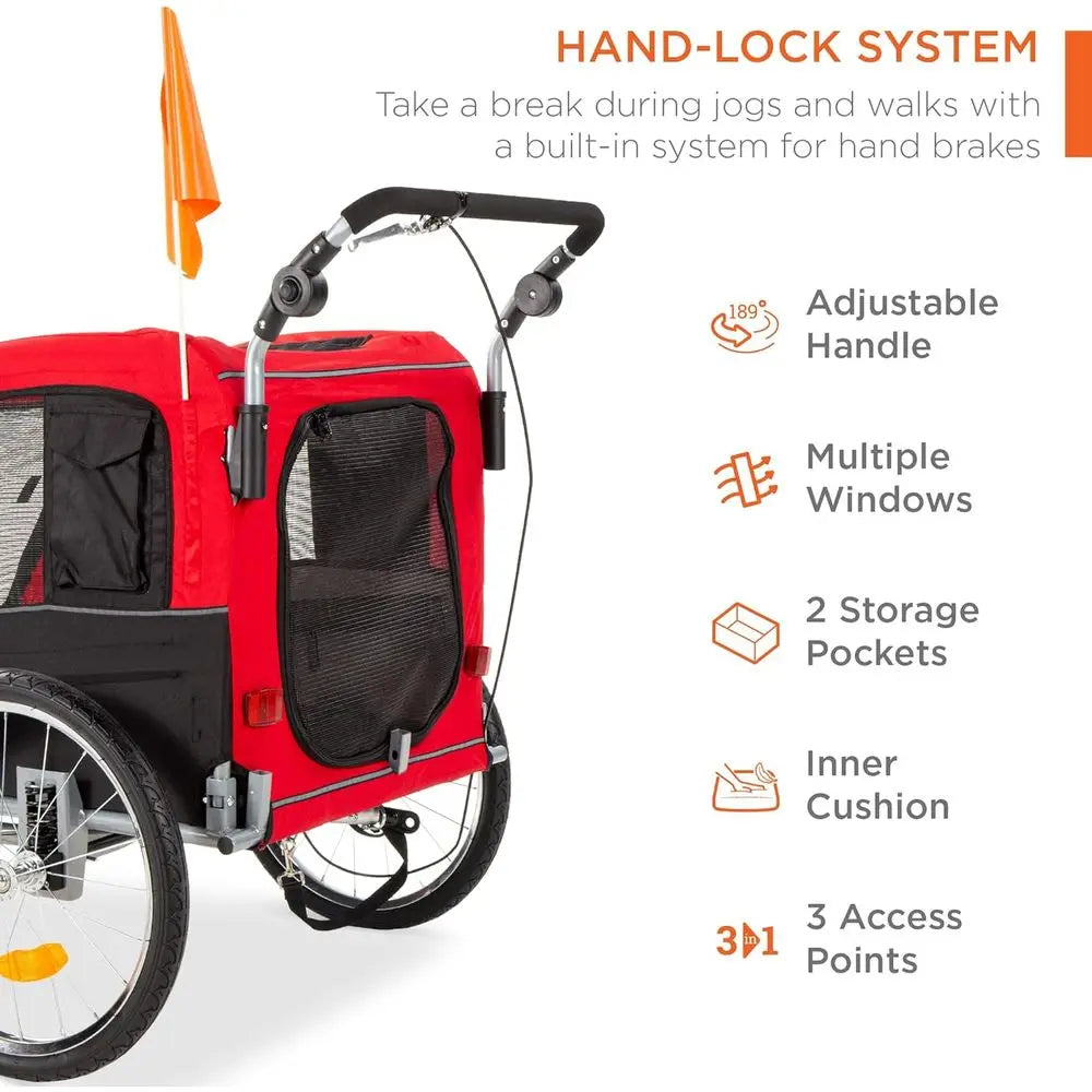 2-in-1 Dog Bike Trailer, Pet Stroller Cycle Carrier w/Hitch, Suspension, Visibility Flag and Reflect, 66 lb Weight Capacity
