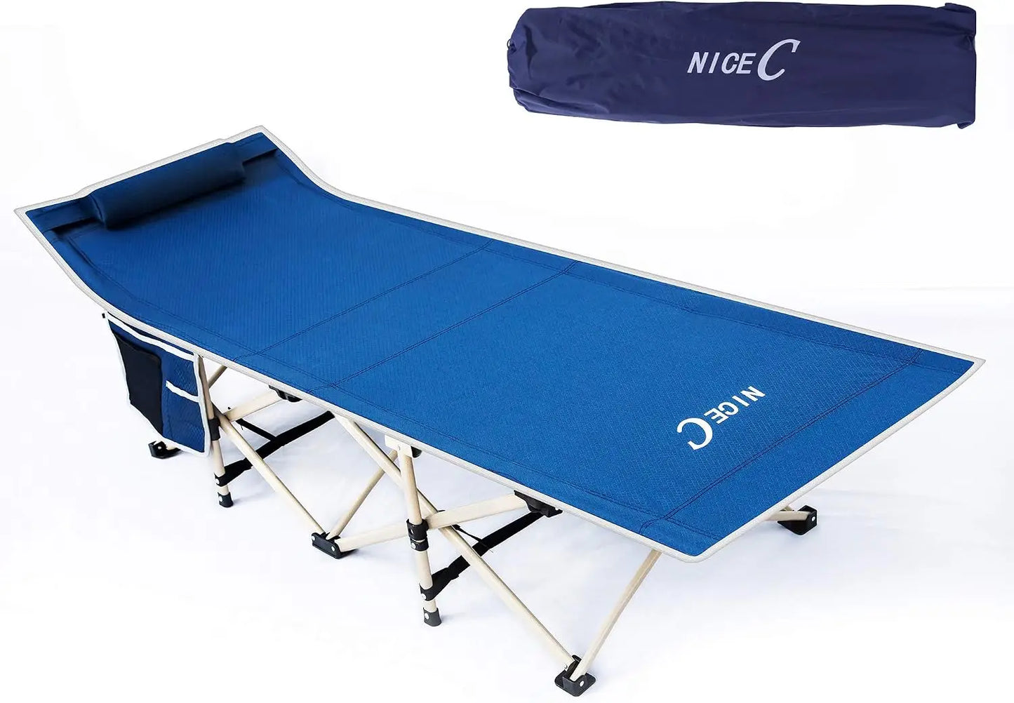 Folding Camping Cot for Adults, Extra Wide with Pillow, Carry Bag & Side Pocket, Holds 500 lbs, Blue