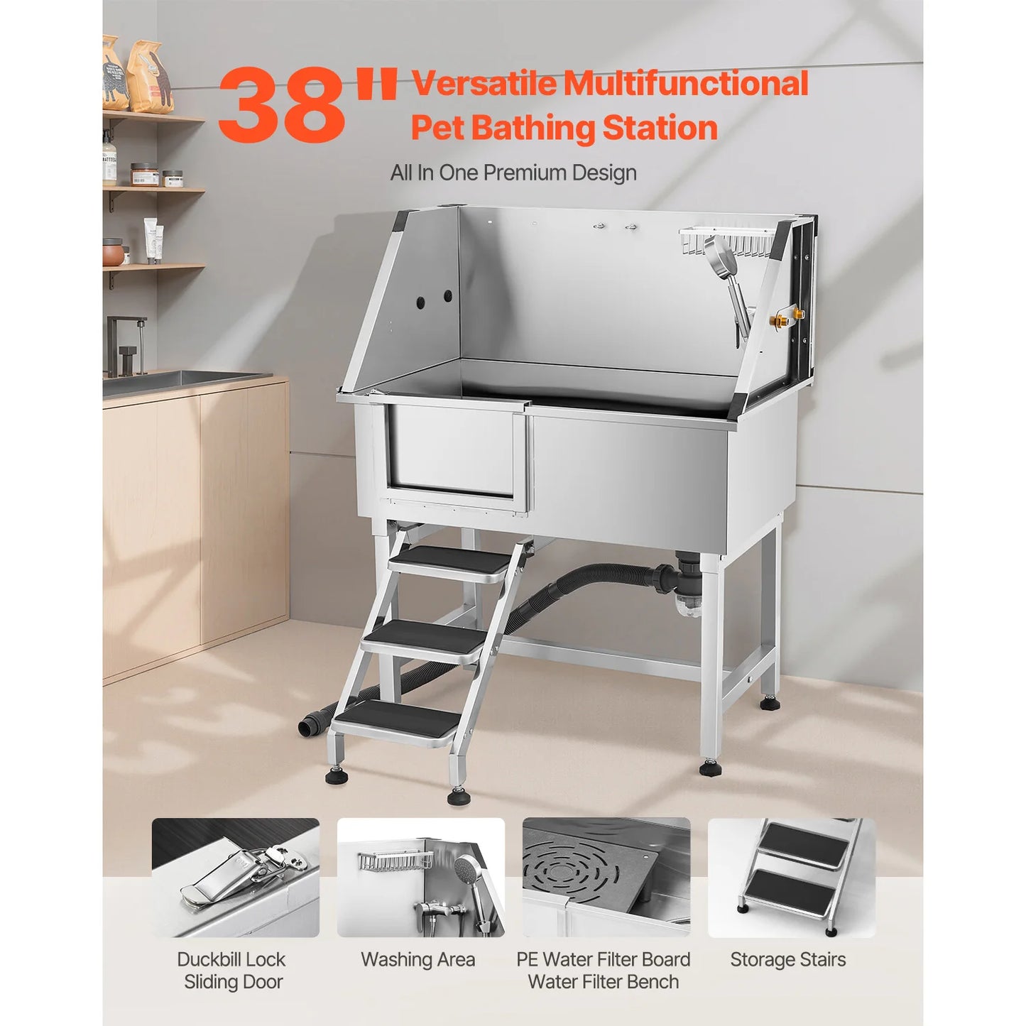 Stainless Steel Dog Washing Station 38in Pet Grooming Tub w/ Storage Stairs Faucet & Showerhead&Soap Holder Dog Bathtub