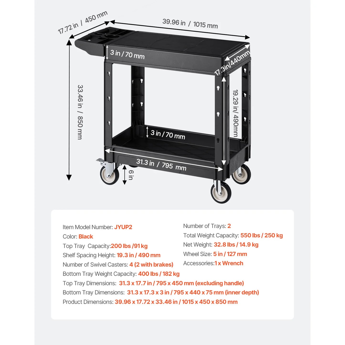 550 lbs Utility Service Cart Two-Shelf Plastic Hand Dolly Cart with 360° Swivel Wheels for Warehouse Garage Cleaning