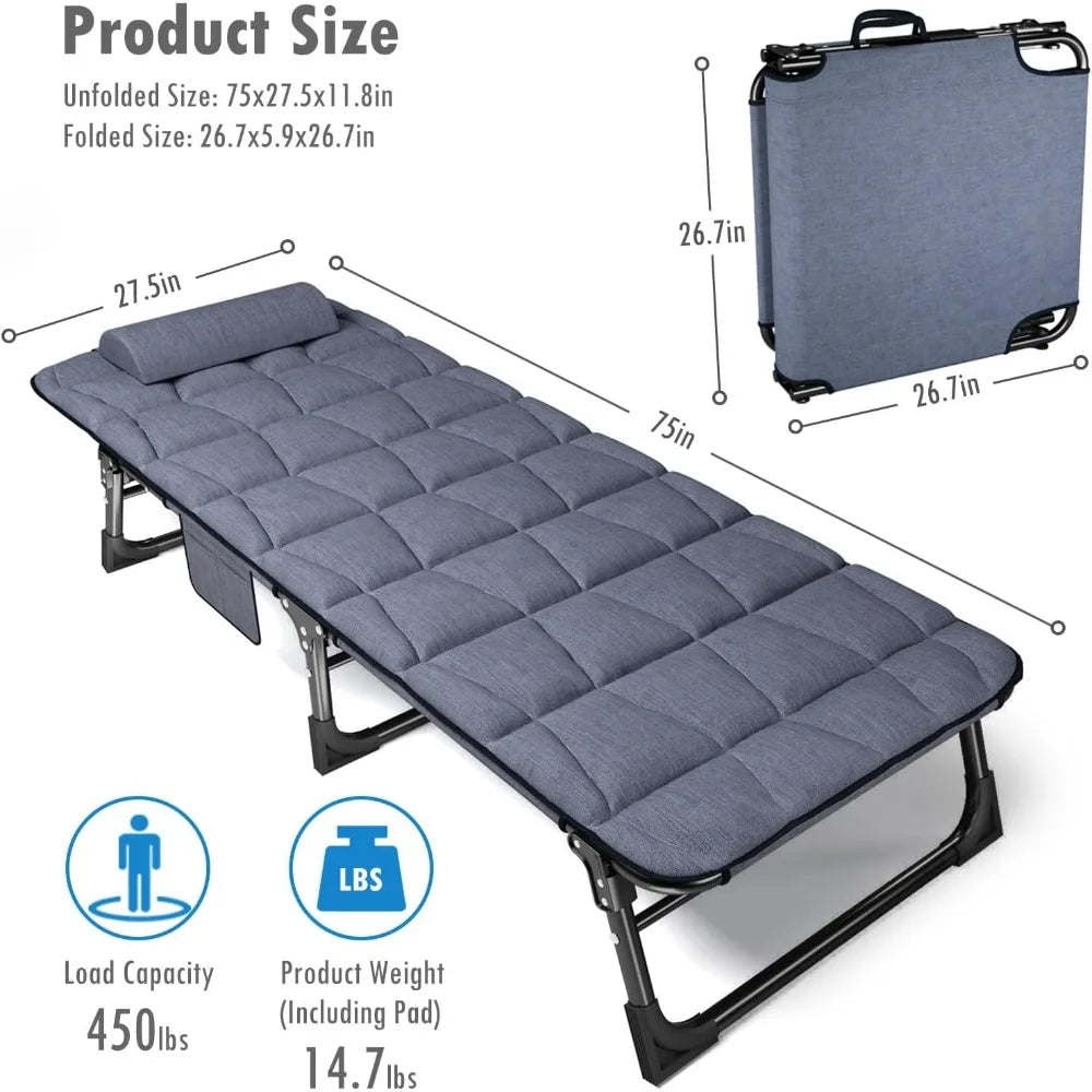 Folding Camping Cot for Adults with Padded Mattress & Pillow, Adjustable Reclining Lounger, Ideal for Camping, Travel, Garden, Office