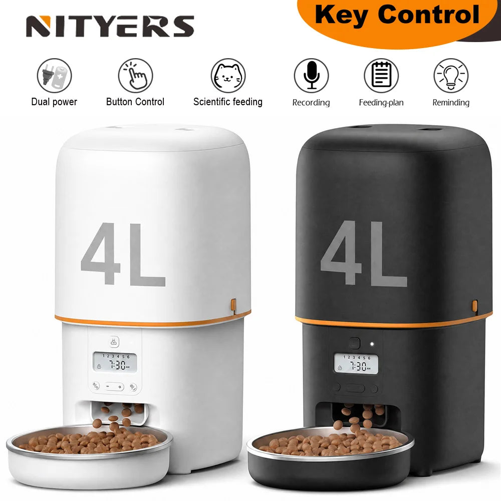 4L Automatic Cat Feeder, Smart Pet Food Dispenser with Key Control, Voice Recorder, Dual Power Supply, Timed Auto Dog Feeder with Stainless Steel Bowl