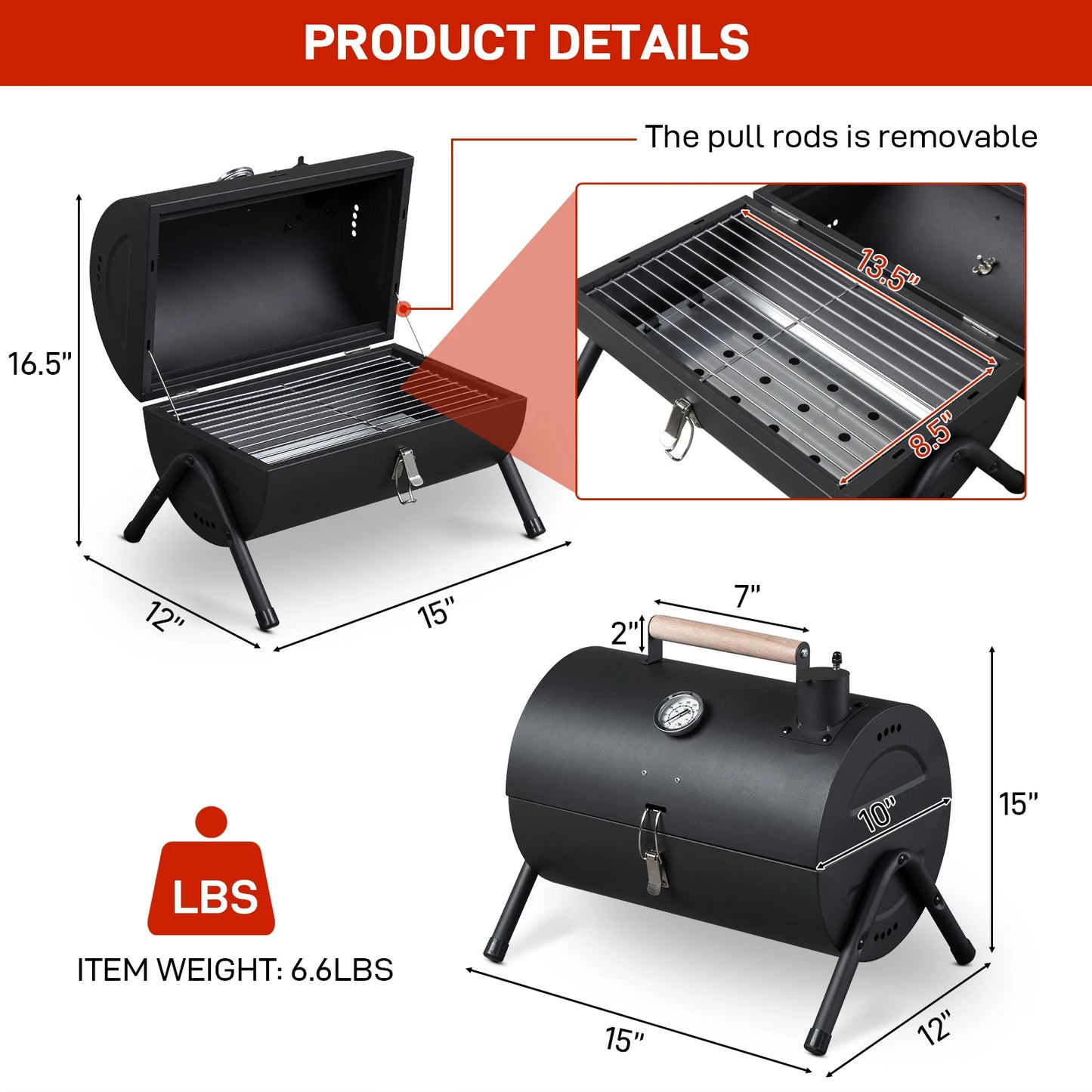 Portable Charcoal Grill with Thermometer and Wooden Handle Compact Tabletop Barbecue Grill Outdoor Camping BBQ Backyard Party