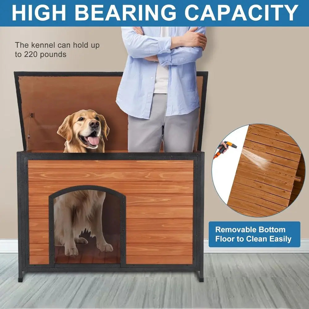 Dog House Outdoor Weatherproof 43.3" L Chew-Proof Dog Kennel or Small, Medium, Large Dogs with Strong Metal Chew-Proof and Raised Design