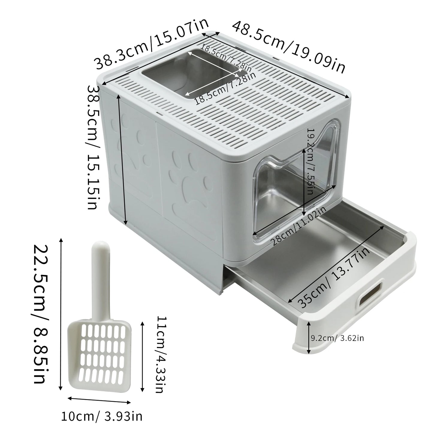 Large Stainless Steel Cat Litter Box Front Entry and Top Exit Toilet Box with Lid Scoop Pet Litter Tray for Kittens Easy Cleaning