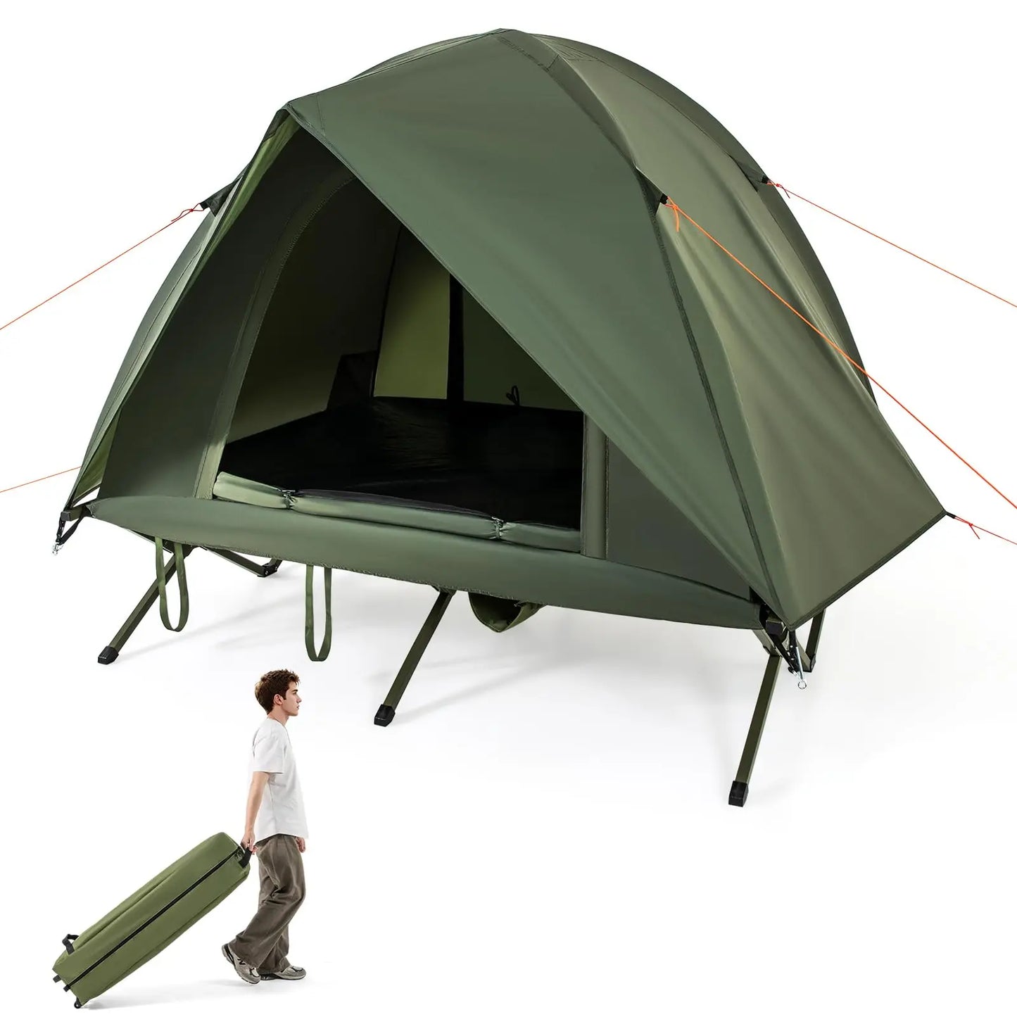 Elevated 2-Person Camping Tent With Integrated Cot, Removable Rainfly, Sturdy Metal Frame, Non-Slip Pads, Wind Ropes And Stakes