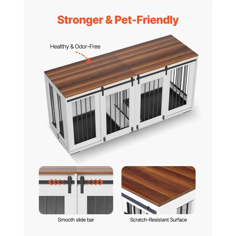 Dual Dog Crate Furniture with Sliding Doors, Large TV Stand Style, Removable Tray, Suitable for Small to Large Dogs, White Steel