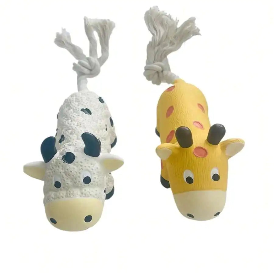 Squeaky Dog Chew Toys Set: 2 Cow Shapes With Rope, Grooming Brush And Lint Roller