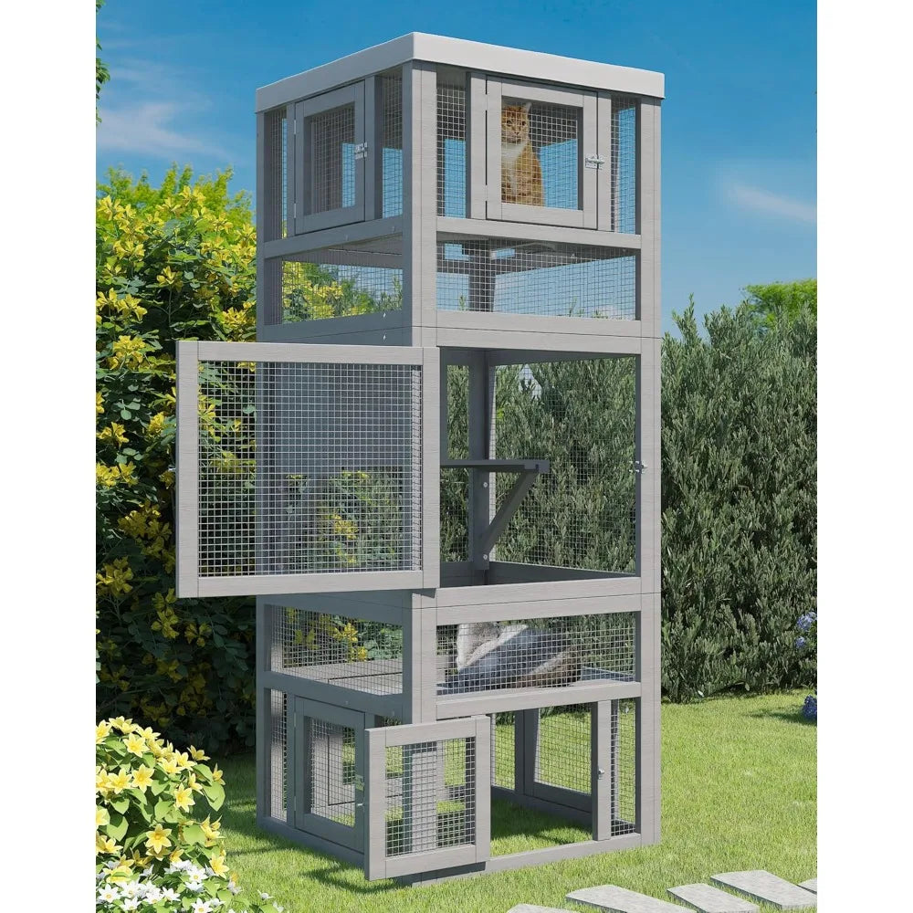 Outdoor Enclosure, 3 Tiers Cat Enclosure with Platform, Resting Box and 8 Removable Door can Connect with Cats Tunnel