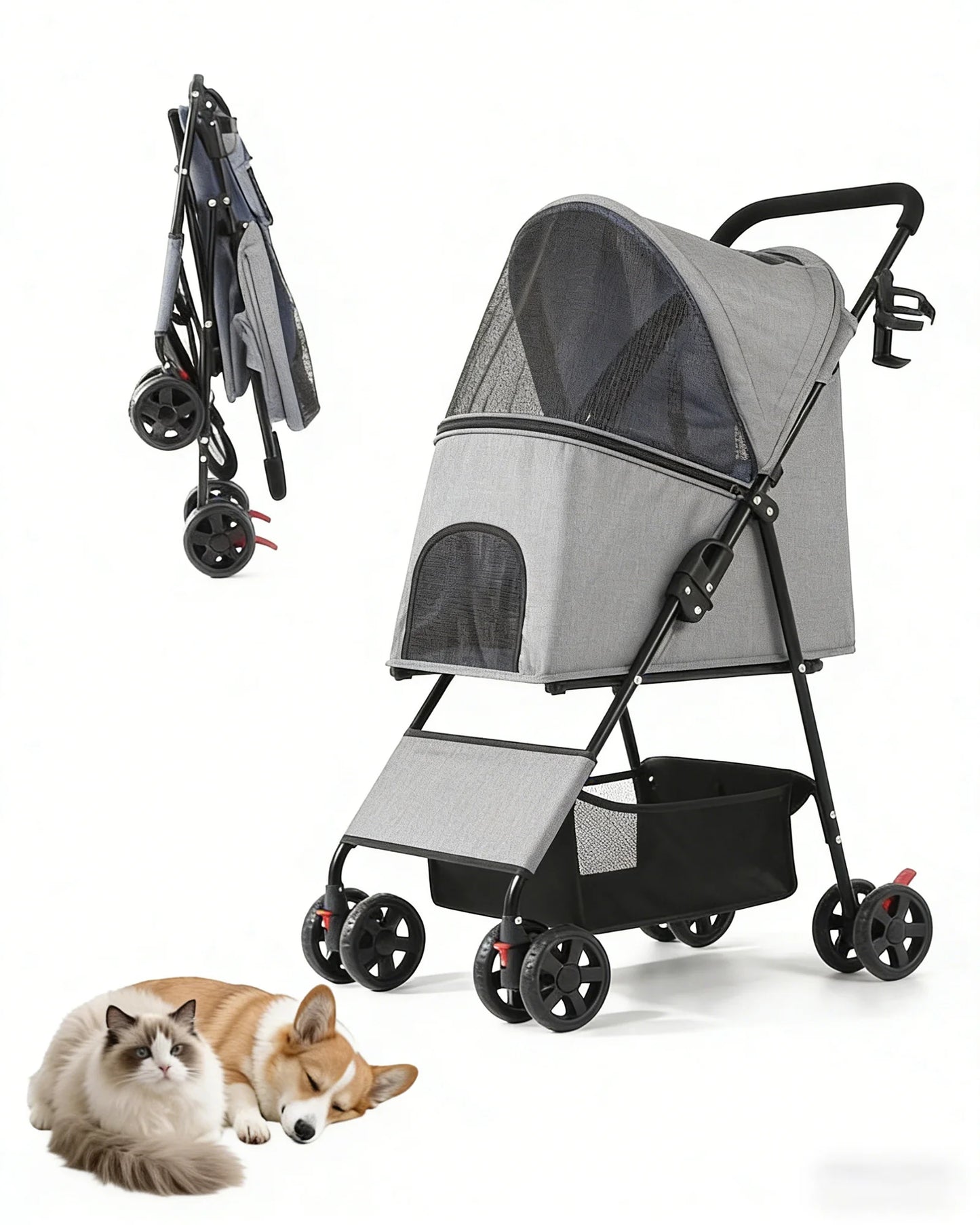 Lightweight Pet Stroller for Small Dogs Foldable 4 Wheel Dog Cat Stroller Portable Travel Pet Pram with Storage Basket