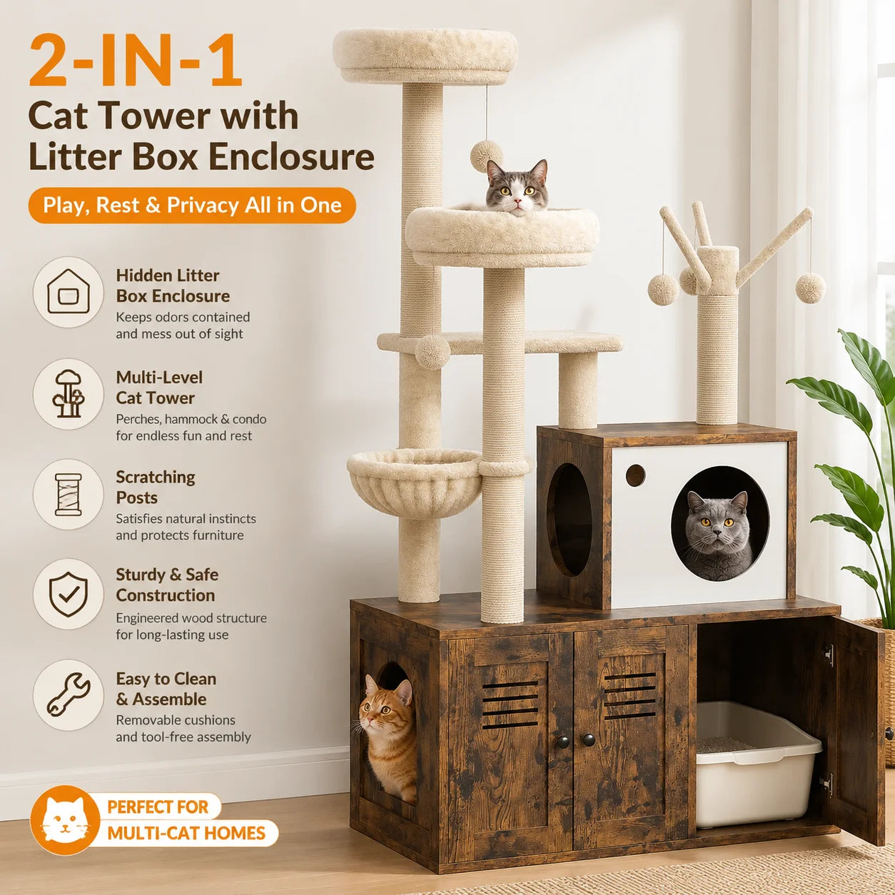 Cat Tower with Litter Box Enclosure, 2-in-1 Modern Cat Tree, 55.1-Inch Cat Condo with Scratching Posts, Hidden Litter Cabinet, Hammock & Perches, Engineered Wood, Indoor Use