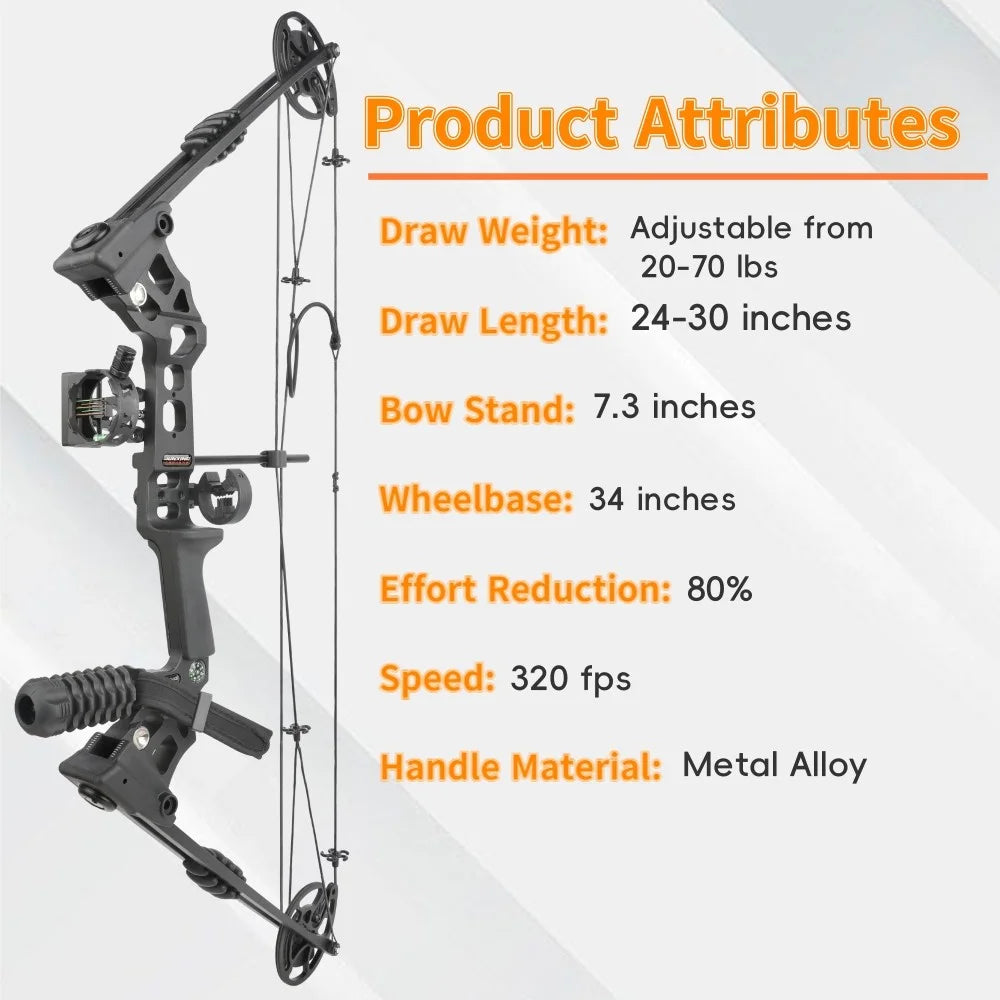 Compound Bow Set 20-70 lbs Adjustable 320FPS 80% Let-off RH LH for Hunting Target Shooting Archery Practice Use