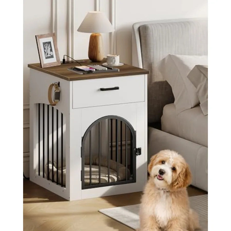 Dog Crate Furniture, Wooden Dog House with Charging Station and Storage Drawer, Indoor Pet Crate End Table for Small Breeds